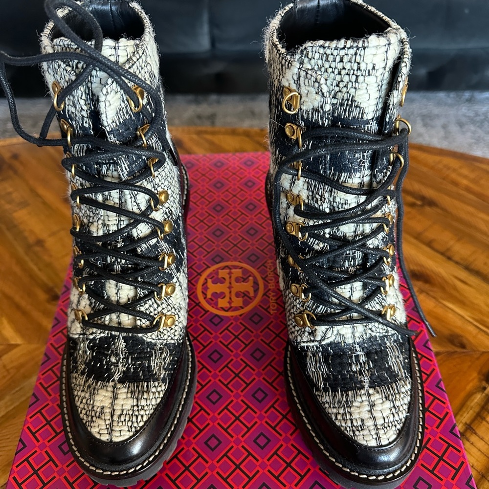 Tory Burch Black & White Tweed Lace-Up Combat Boot - Picture 2 of 7